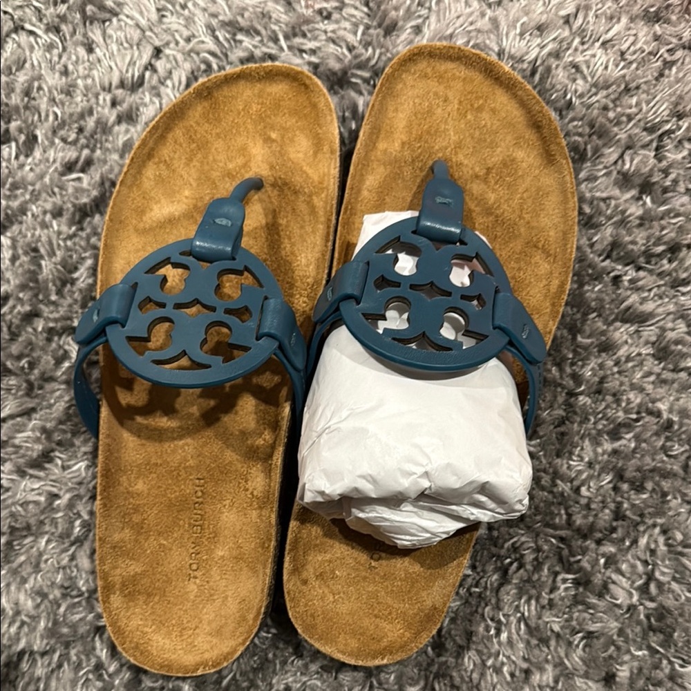 Tory Burch Blue and Brown Sandals with Adjustable Straps